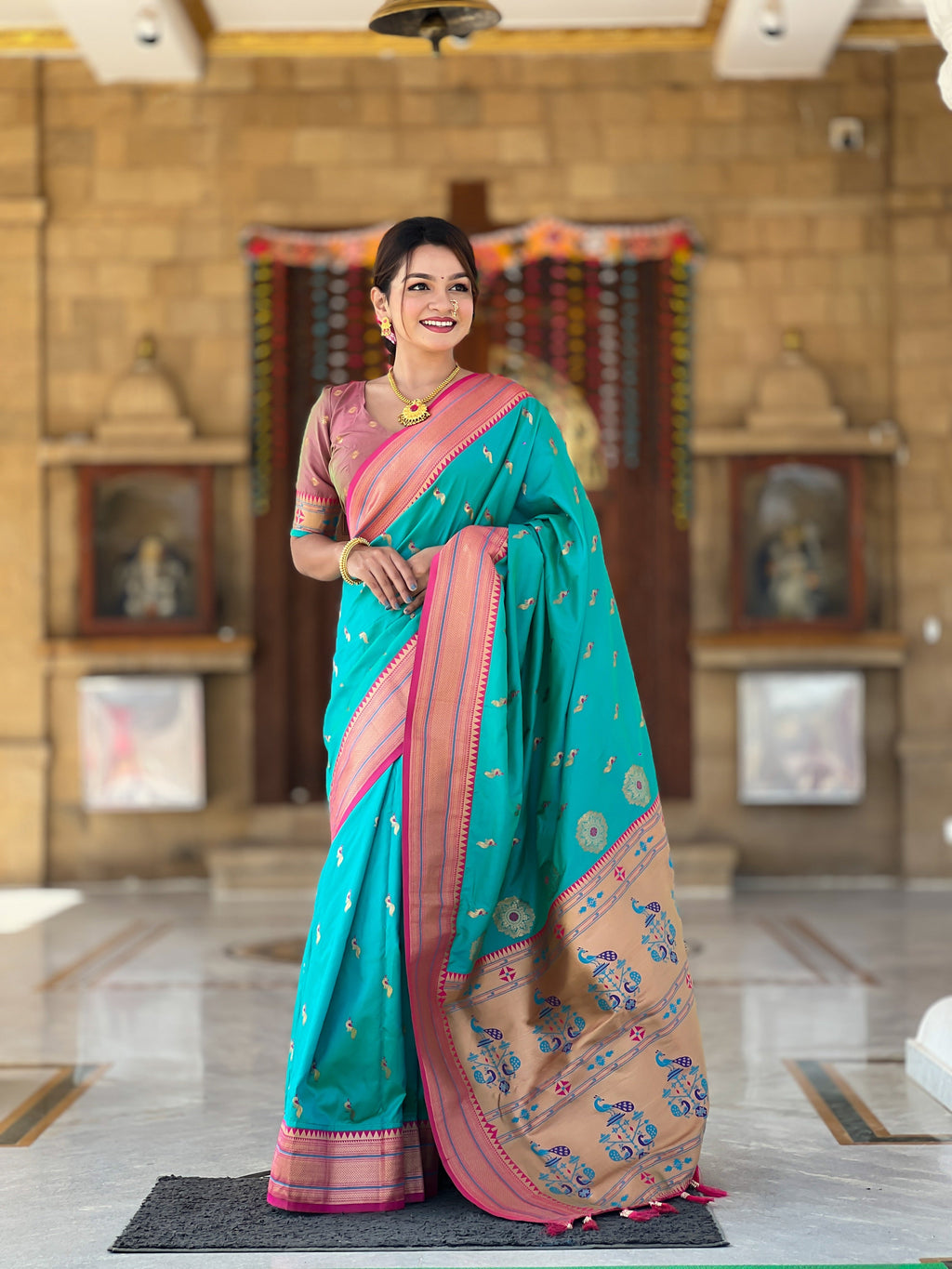 Vedant Vastram Soft Litchi Silk Paithani Jacquard Saree - Rama