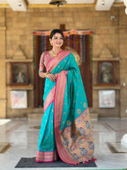 Vedant Vastram Soft Litchi Silk Paithani Jacquard Saree - Rama