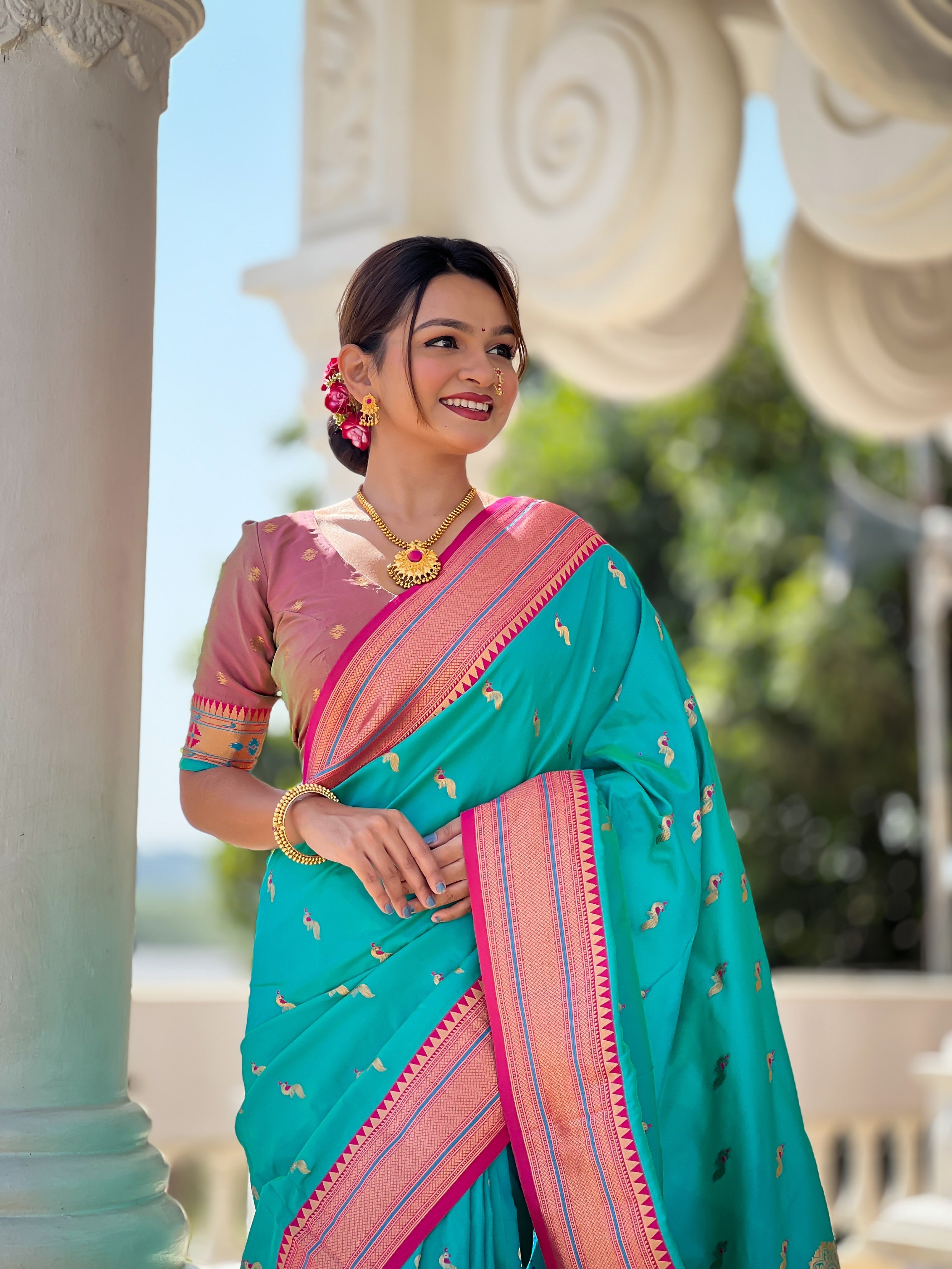 Vedant Vastram Soft Litchi Silk Paithani Jacquard Saree - Rama