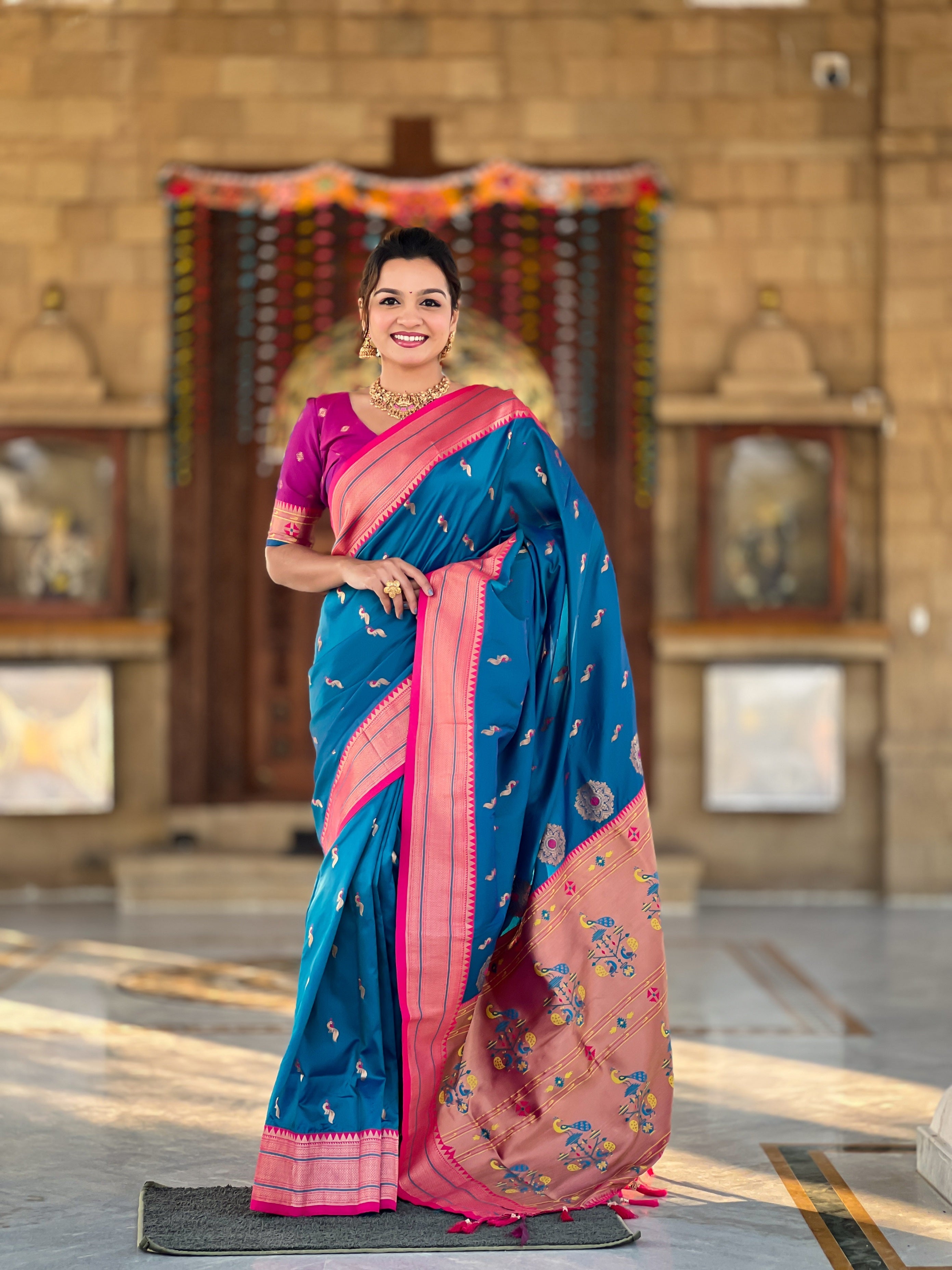 Vedant Vastram Soft Litchi Silk Paithani Jacquard Saree - Skyblue