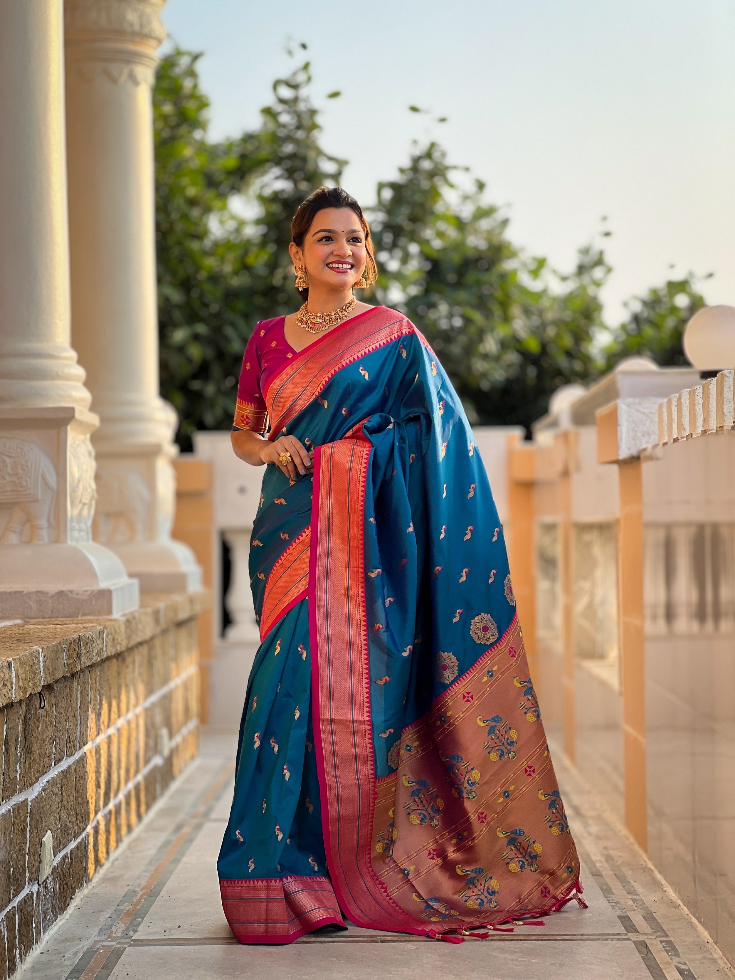Vedant Vastram Soft Litchi Silk Paithani Jacquard Saree - Skyblue