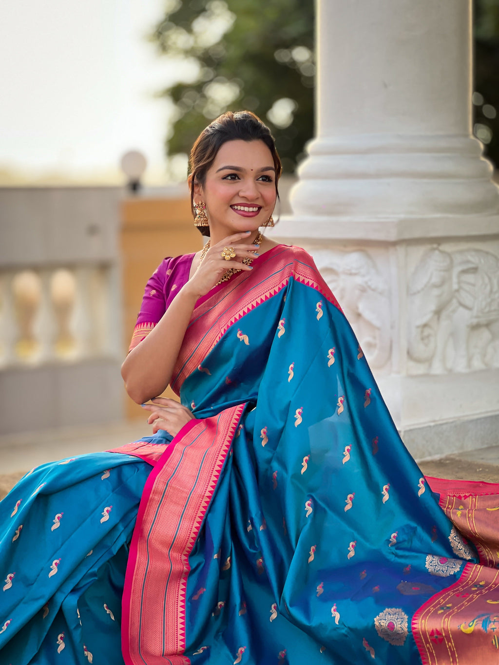 Vedant Vastram Soft Litchi Silk Paithani Jacquard Saree - Skyblue