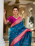 Vedant Vastram Soft Litchi Silk Paithani Jacquard Saree - Skyblue