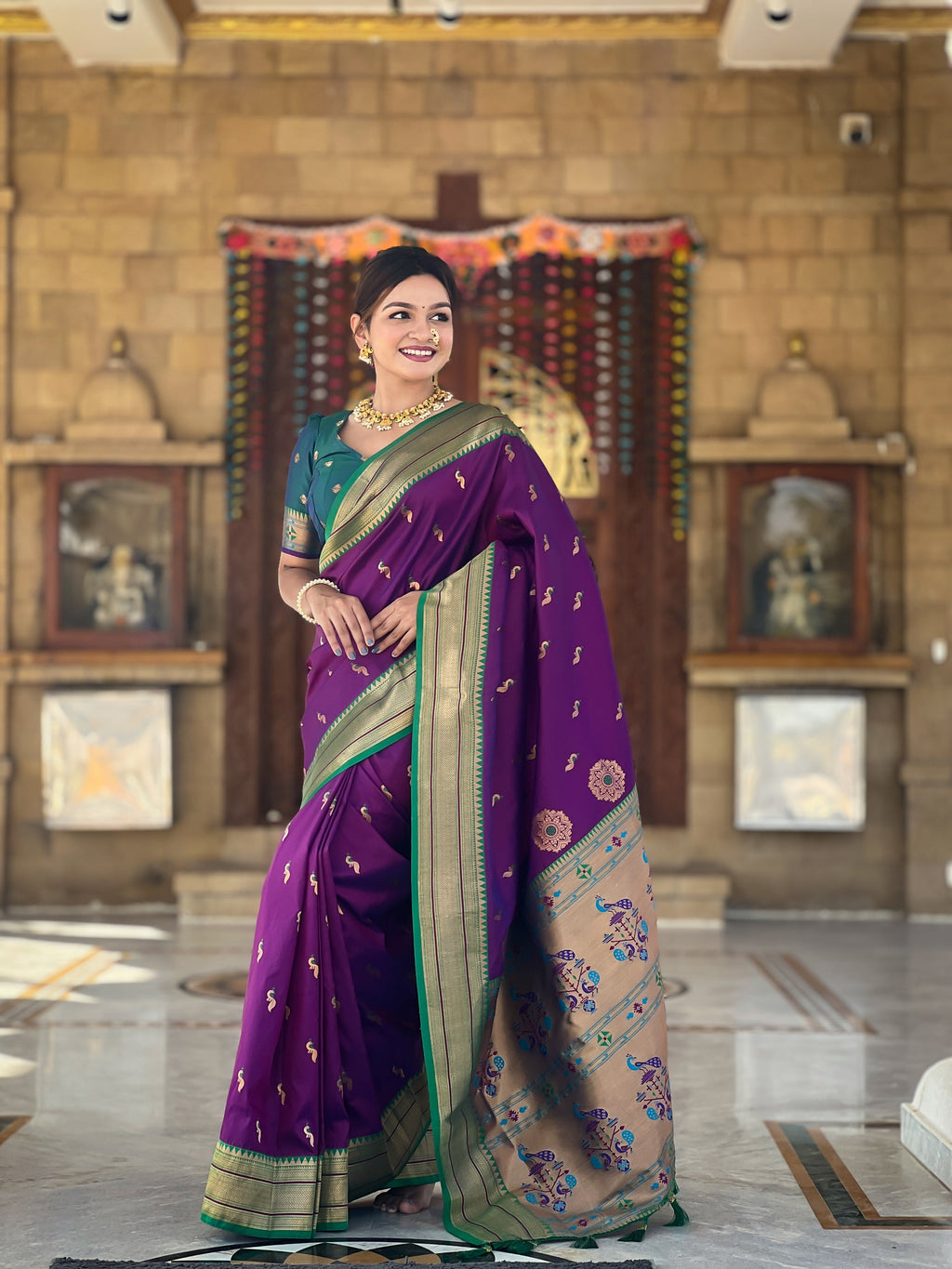 Vedant Vastram Soft Litchi Silk Paithani Jacquard Saree - Wine