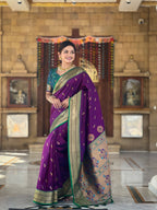 Vedant Vastram Soft Litchi Silk Paithani Jacquard Saree - Wine