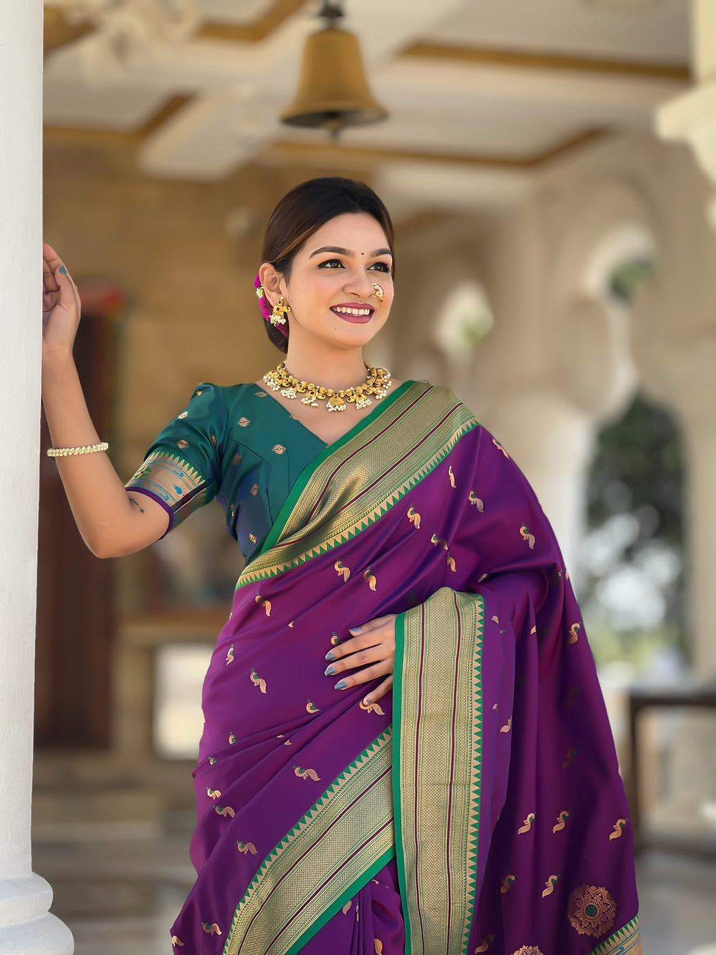 Vedant Vastram Soft Litchi Silk Paithani Jacquard Saree - Wine