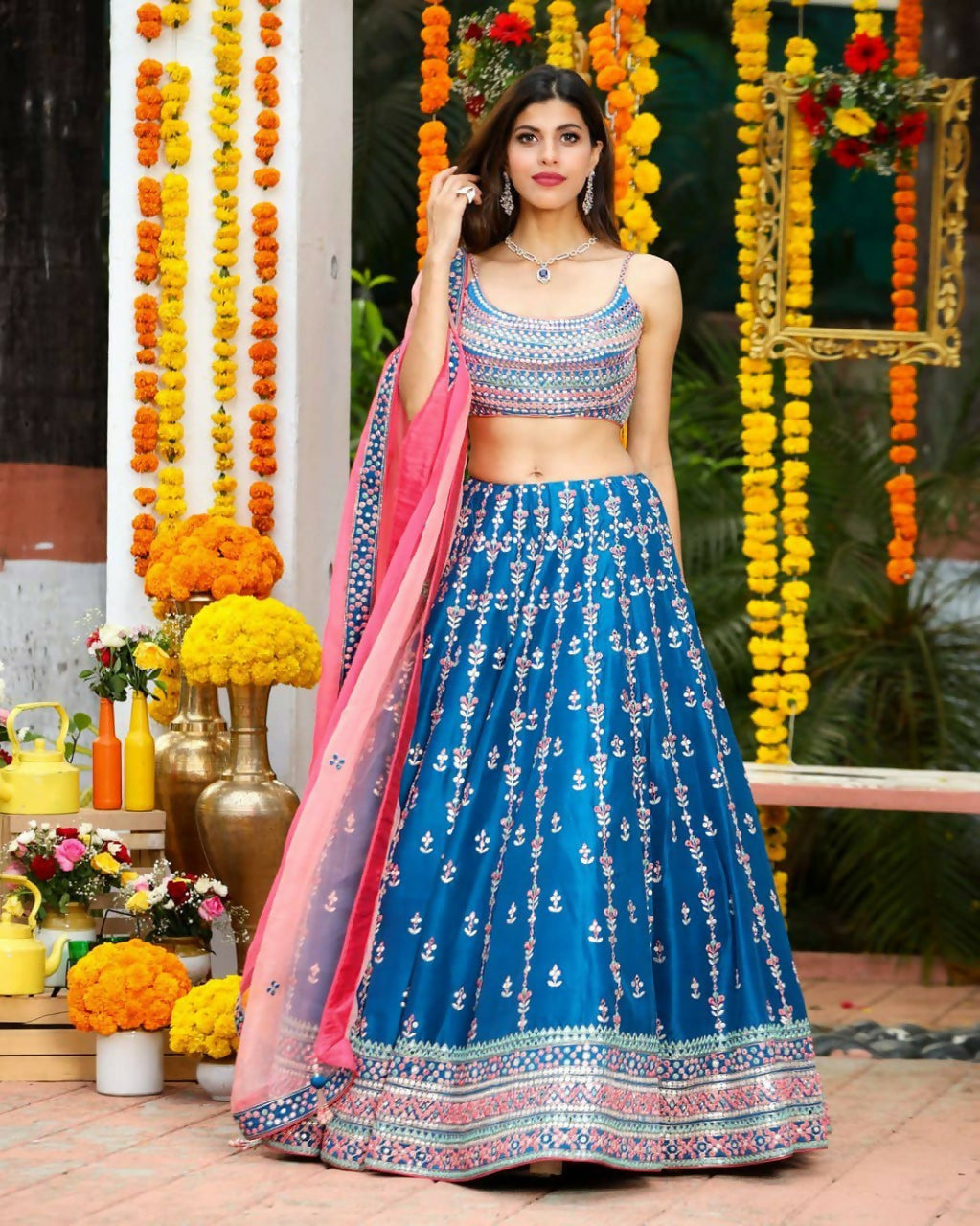Jyoti Fashion Gorgeous Blue Sequins with Thread & Zari Embroidery Chinon Lehenga Choli with Dupatta