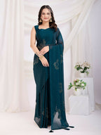 Teal Blue Rangoli Silk Diamond Work Ready To Wear Saree - Tamana