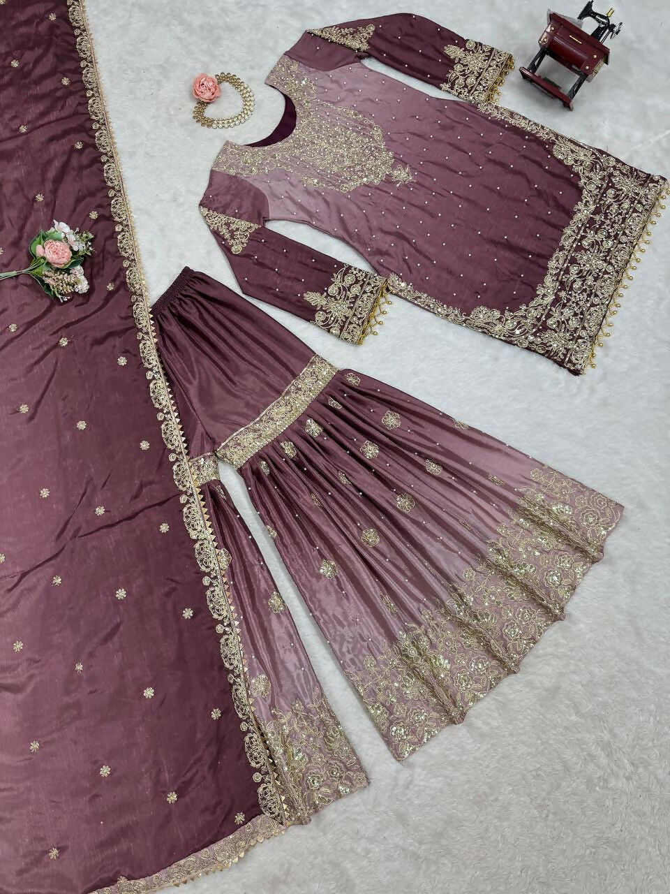 The52 Women's Beautiful Chinon silk Fabric Embroidery Work Straight Kurta Palazzo and Dupatta Set - Distacart