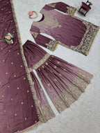 The52 Women's Beautiful Chinon silk Fabric Embroidery Work Straight Kurta Palazzo and Dupatta Set - Distacart
