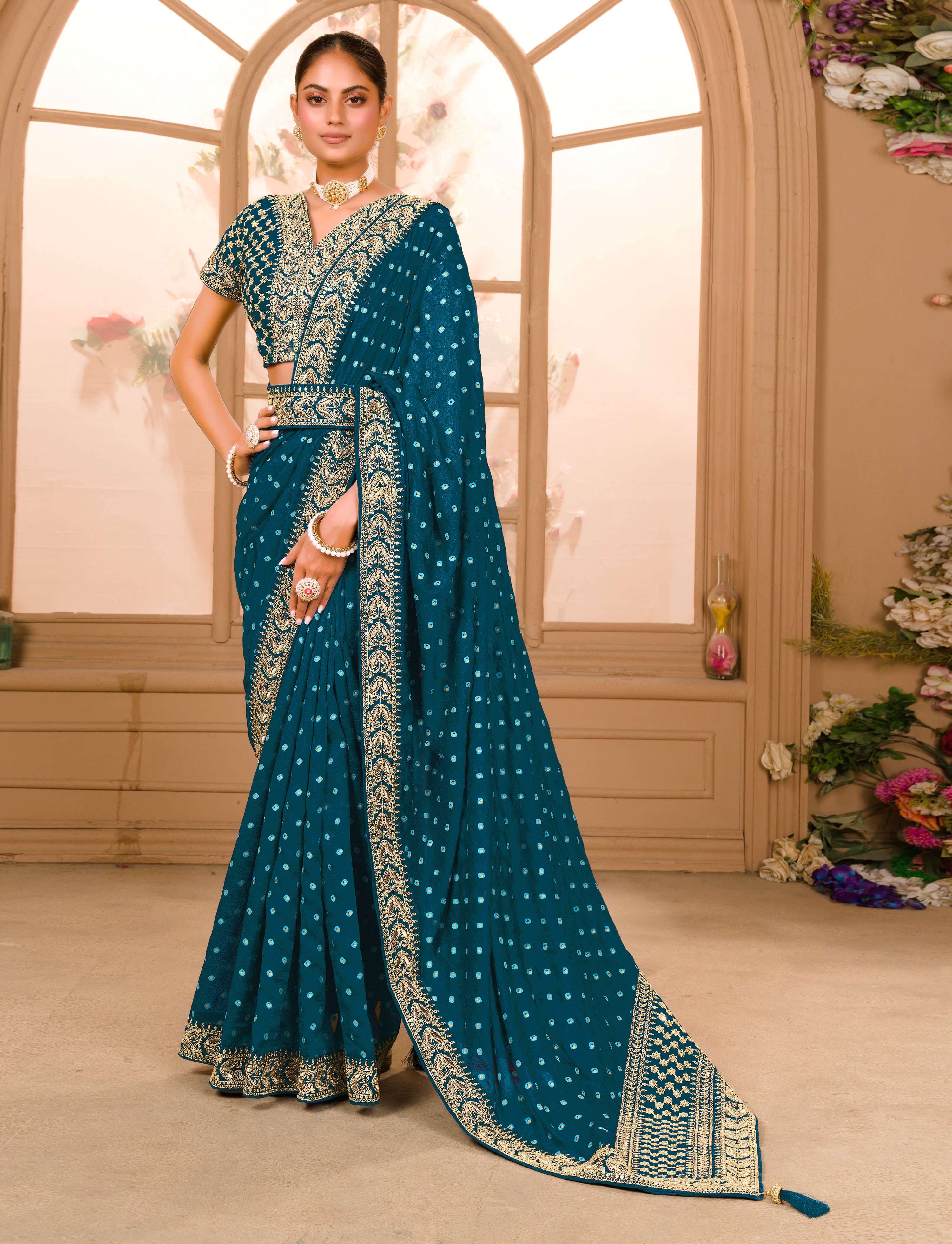Teeya Creation Petrol Color Chinnon Silk Heavy Embroidery Work Saree - Distacart