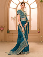 Teeya Creation Petrol Color Chinnon Silk Heavy Embroidery Work Saree - Distacart