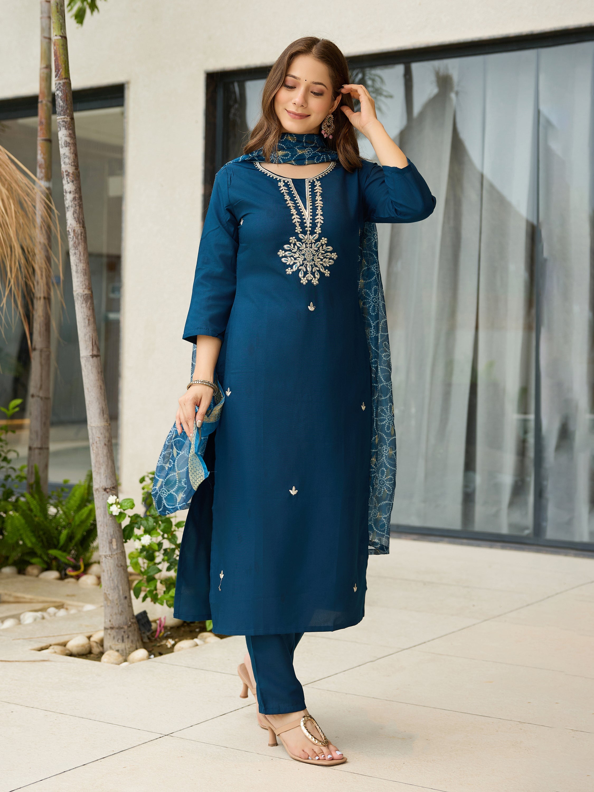 The52 Beautiful Embroidery Work with Rayon Fabric Straight Kurta, Pant and Dupatta Set - Distacart