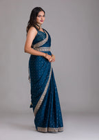 Teeya Creation Petrol Color Chinnon Silk Heavy Embroidery Work Saree - Distacart