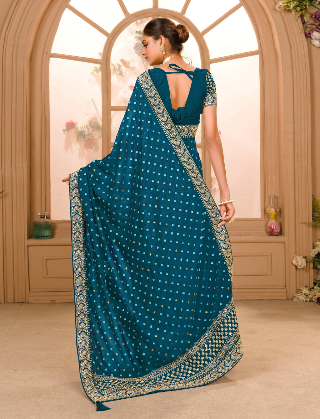 Teeya Creation Petrol Color Chinnon Silk Heavy Embroidery Work Saree - Distacart