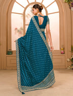 Teeya Creation Petrol Color Chinnon Silk Heavy Embroidery Work Saree - Distacart