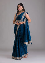 Teeya Creation Petrol Color Chinnon Silk Heavy Embroidery Work Saree - Distacart