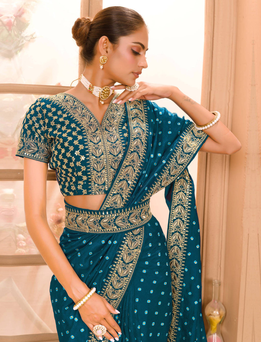 Teeya Creation Petrol Color Chinnon Silk Heavy Embroidery Work Saree - Distacart