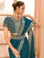 Teeya Creation Petrol Color Chinnon Silk Heavy Embroidery Work Saree - Distacart