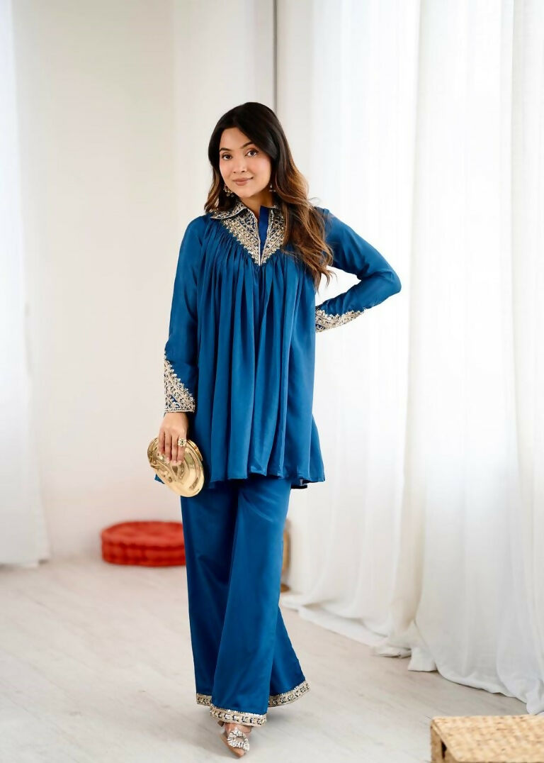 Teeya Creation Blue Heavy Chinnon Silk Embroidery Work Plazo pair - Distacart