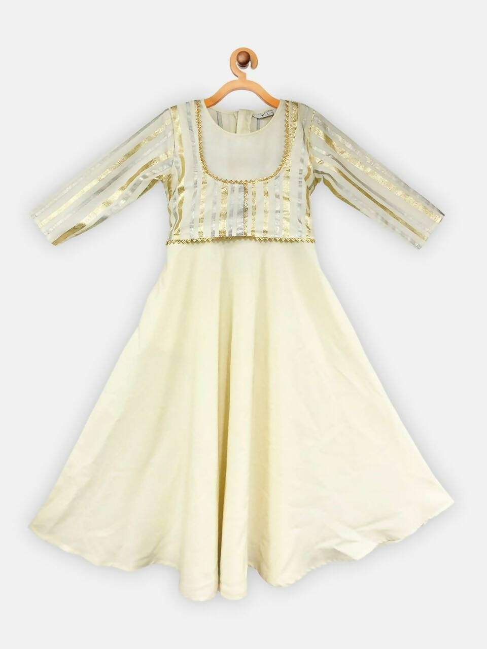 Ahalyaa Cream Crepe Gold Foil Printed Kids Kurta with Jacket For Girls