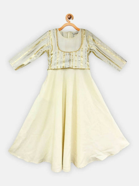 Ahalyaa Cream Crepe Gold Foil Printed Kids Kurta with Jacket For Girls