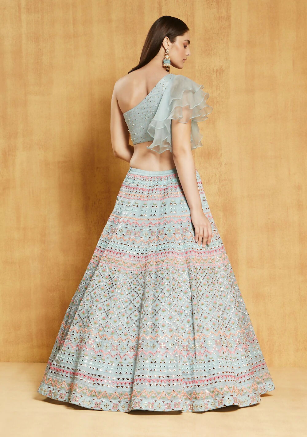 Jyoti Fashion Light Turquoise Thread, Zari and Paper Mirror Embroidered Organza One Shoulder Bridal Lehenga Choli