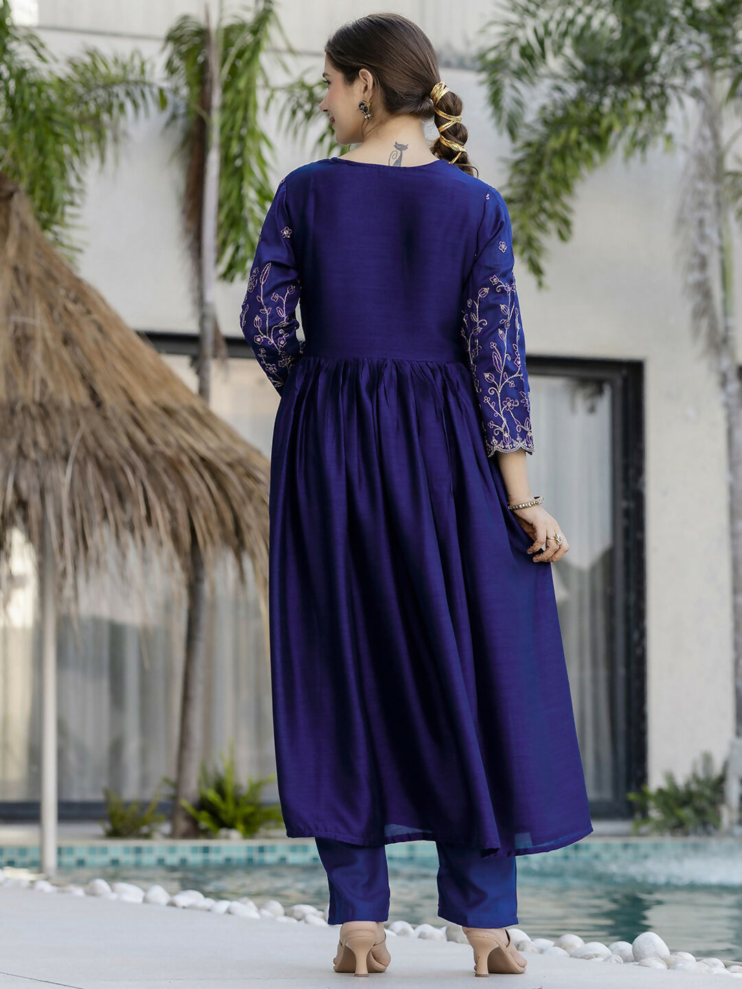 The52 Blue Women's Beautiful Embroidered Vichitra Silk Fabric with Flared Kurta, Pant and Dupatta Set - Distacart