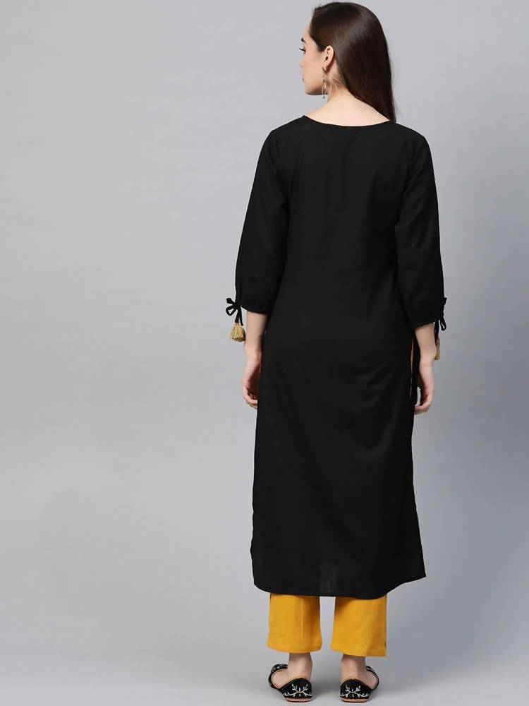 Yufta Women Black Ethnic Motifs Embroidered Pure Cotton Kurta with Trouser