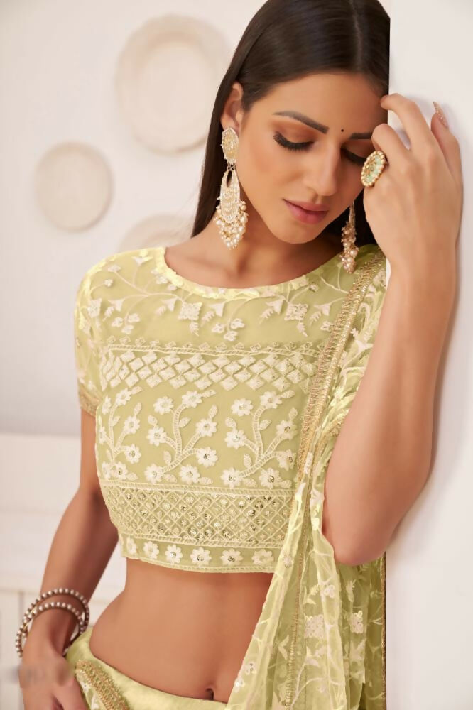 Aastha Fashion Lemon Yellow Butterfly Net White Cotton Thread Work, Zari Work And Sandwich Sequence Work Embroidery Wedding Wear Lehenga Choli