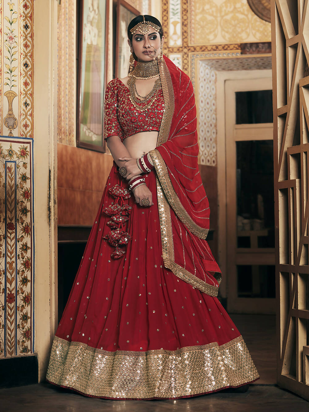 Wedding Designer Sequene Zari Resham Embroidery Red Georgette Lahengha Choli - Anbazaar - Distacart
