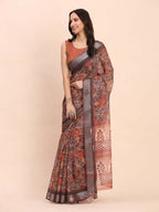 Shree Shyam Fashion Linen Cotton Brown Saree - Distacart