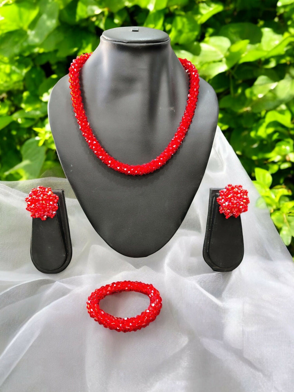 Inhanns Complete Look Crystal Statement 3-Piece Set (Adjustable Necklace + Earrings + Adjustable Bangle ) - Red