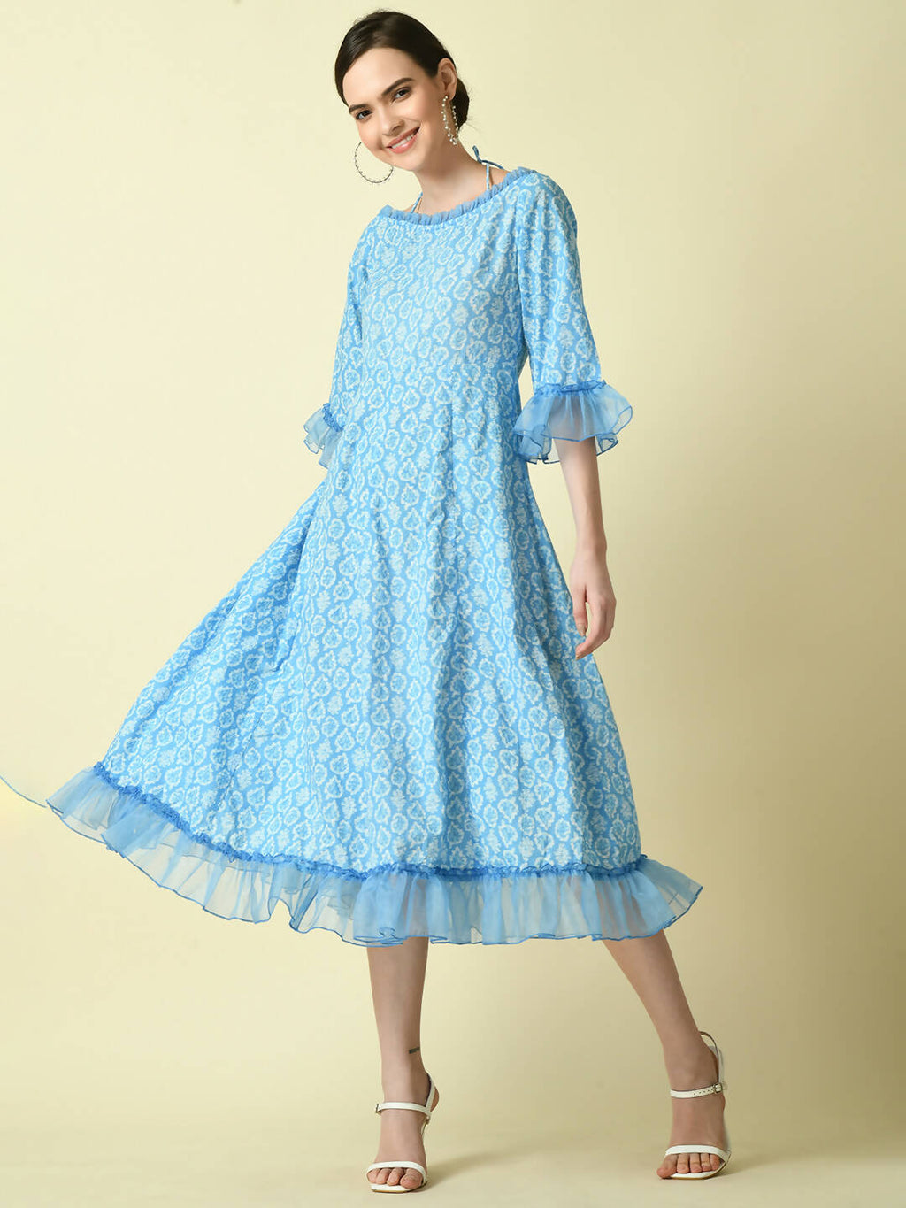 Myshka Women's Blue Empire Printed Dress - Distacart