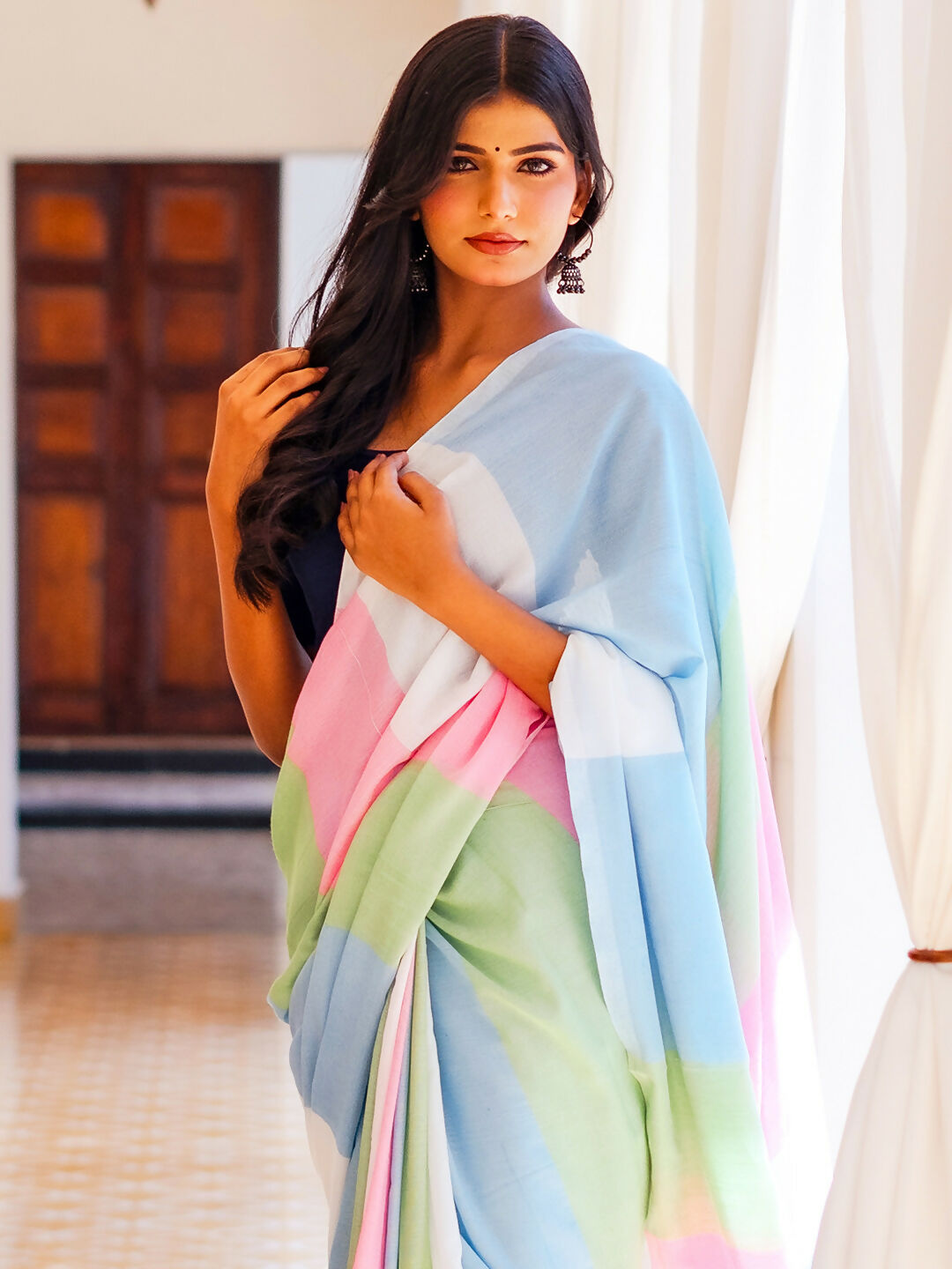 Zibaa Hand-Dyed Mul Cotton Multi-color Saree with Tassels - Distacart
