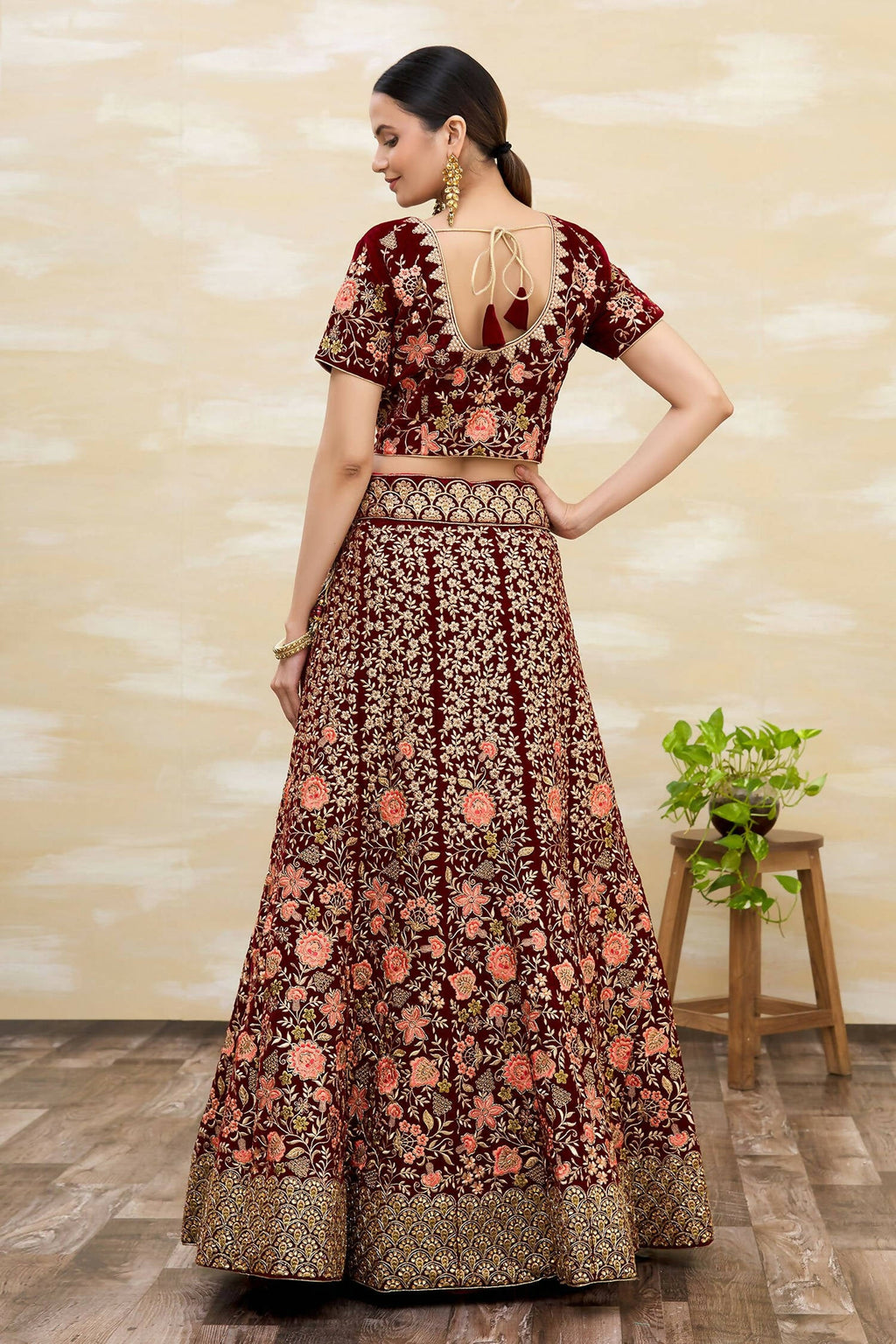 Maroon Velvet Semi-Stitched Wedding Bridal Lehenga - Nimaya
