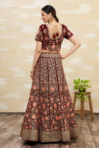 Maroon Velvet Semi-Stitched Wedding Bridal Lehenga - Nimaya