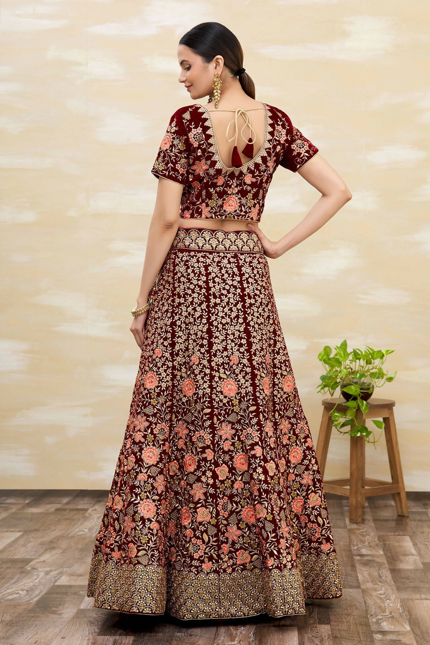 Maroon Velvet Semi-Stitched Wedding Bridal Lehenga - Nimaya