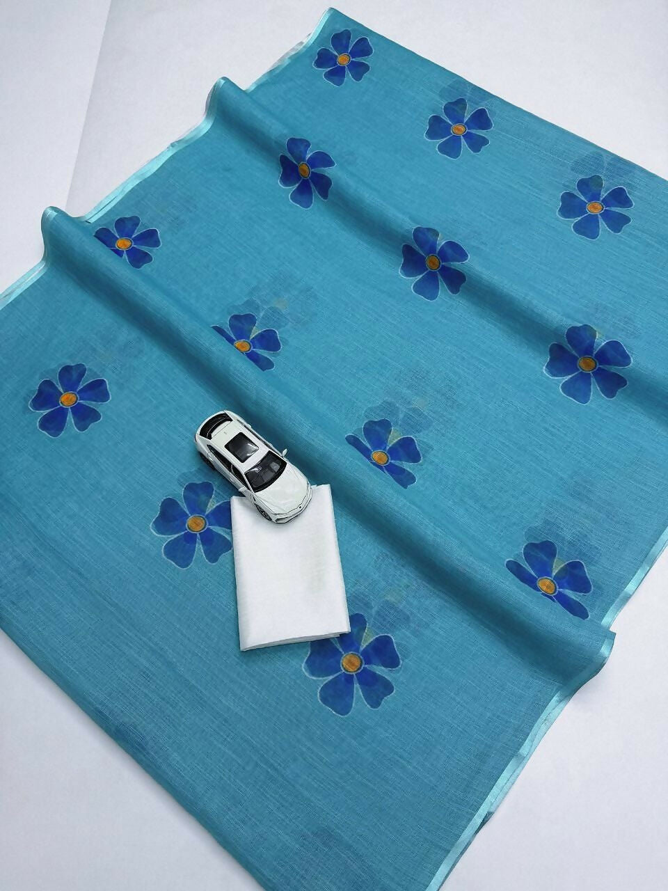 Prime Volt Women's Sky Blue Floral Digital Print Soft Linen Saree With Blouse - Distacart