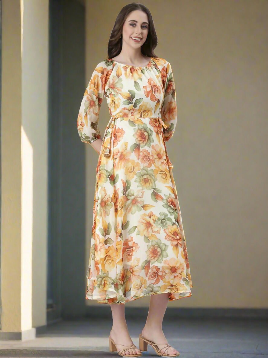 Souchii Cream Floral Chiffon Dress