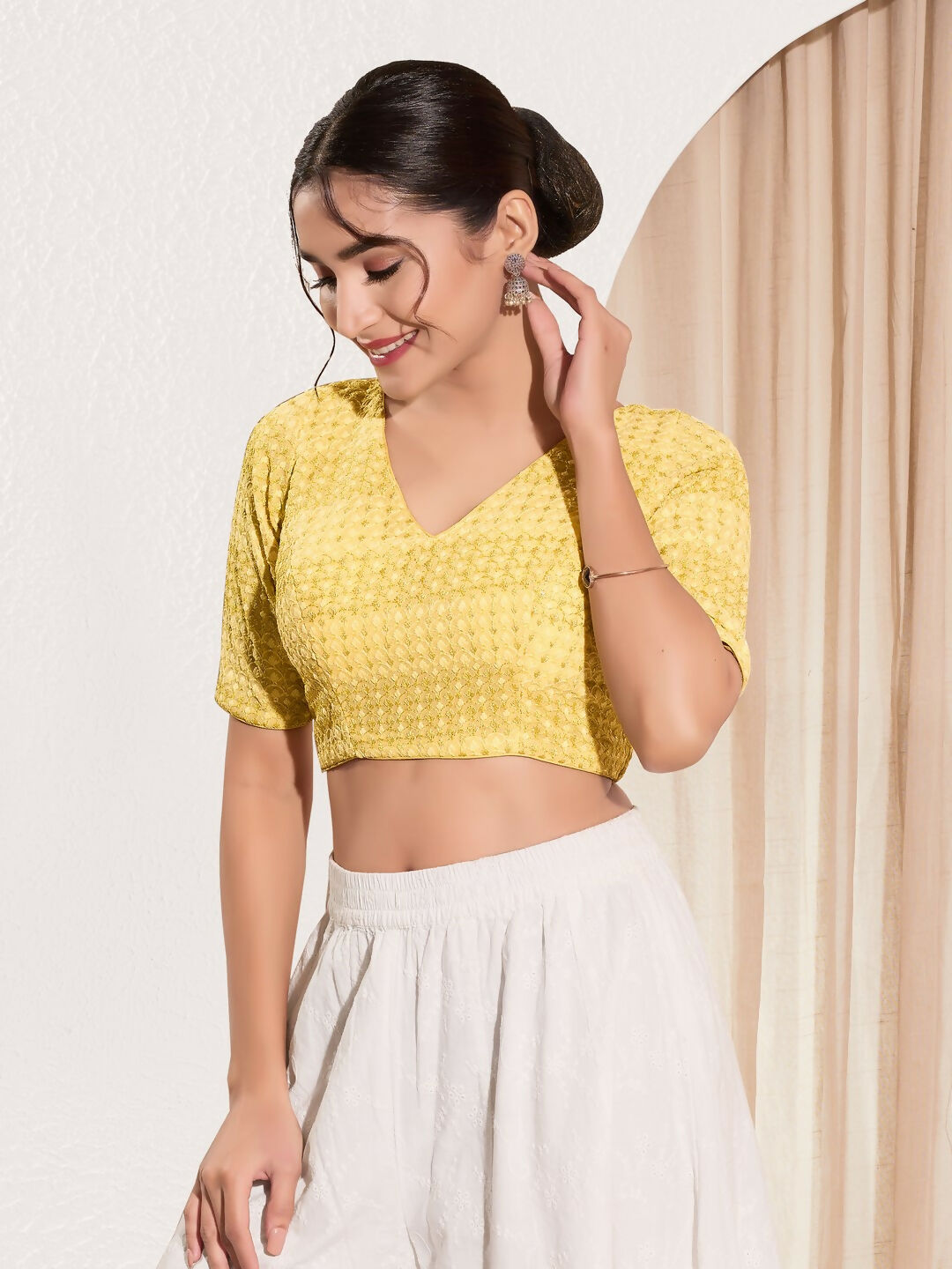 Joban Fashion Yellow Crochet Padded Blouse With V Neck Elbow Sleeves - Distacart