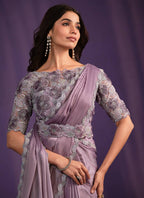 Lavender Crepe Satin Silk Embroidered Saree With Stitched Blouse - Mohmanthan Exotica