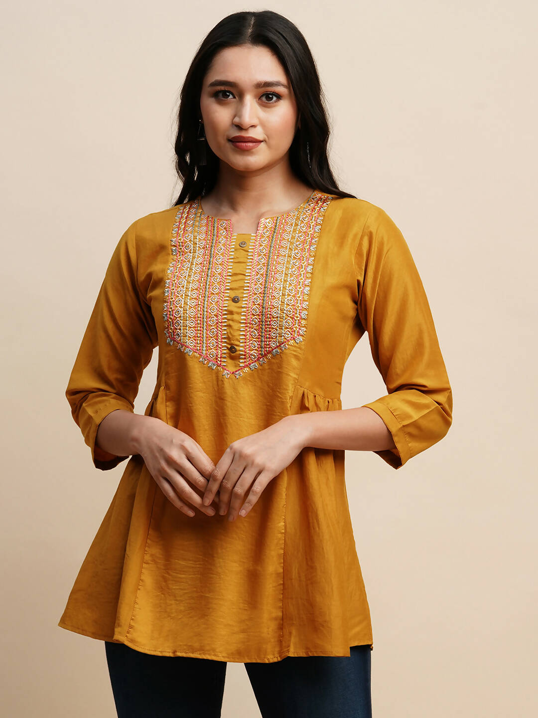 Mustard Chinon Embroidered Top - Tarini
