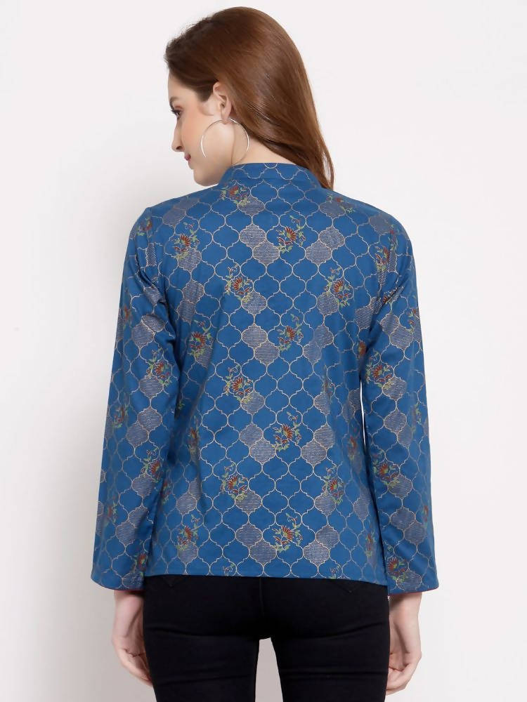 Myshka Women's Blue Cotton Full Sleeve Mandarin Collar Printed Casual Jacket