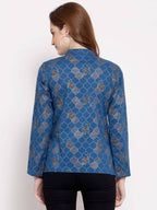 Myshka Women's Blue Cotton Full Sleeve Mandarin Collar Printed Casual Jacket