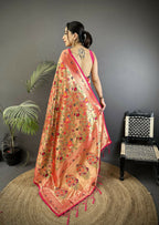 Joban Fashion Peach Floral & Leaf Motifs Soft Silk Paithani Saree - Distacart