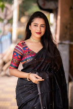 Black Pure Linen Ethnic Motifs Saree with Unstitched Blouse - A2M - Distacart