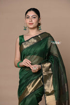Very Much Indian Rajsi - Handloom Ari Checks Cotton Silk Saree With Golden Border - Bottle Green