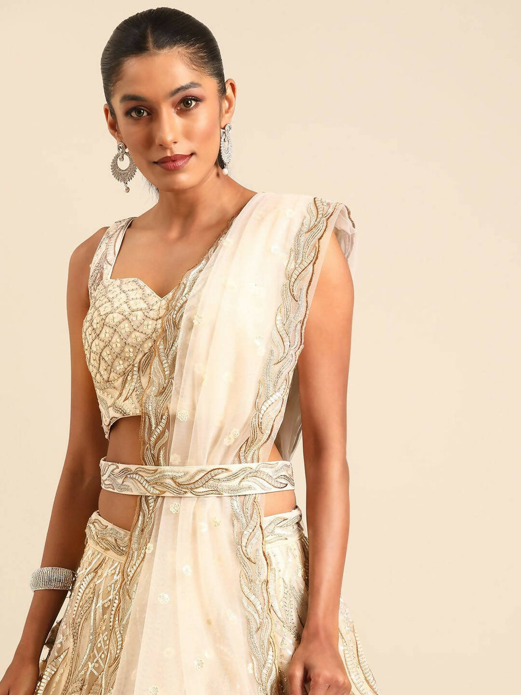 House of Panchhi Cream Net Sequins and Zarkan embroidery Lehenga choli & Dupatta