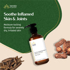 Kerala Ayurveda body oil bottle with ingredients on a green and beige background